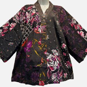 Nwt SACRED THREADS patch hippie boho funky rayon kimono TOP TUNIC 2X